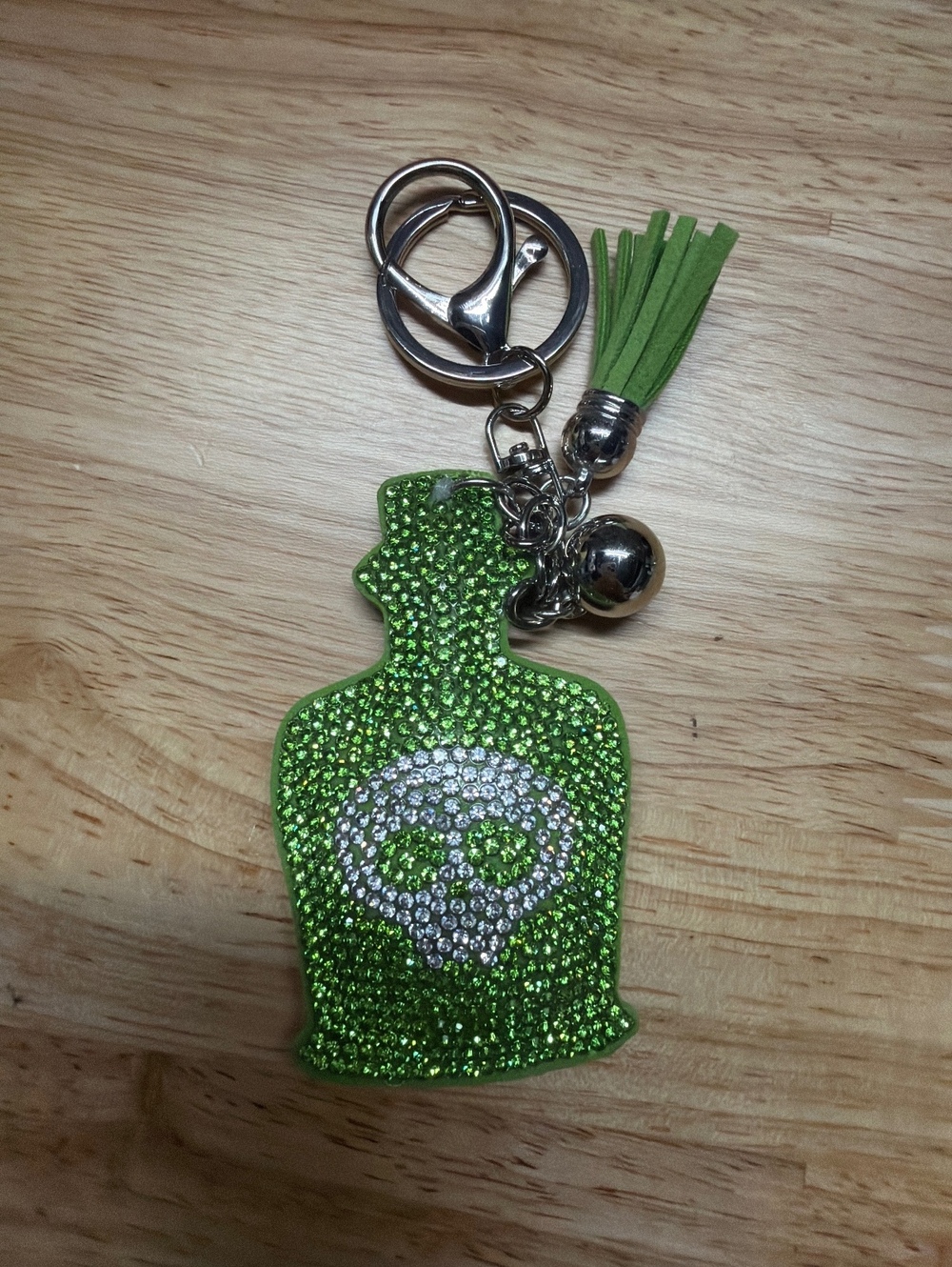 Green Rhinestone Skull Bottle Keychain with Tassel and Bell